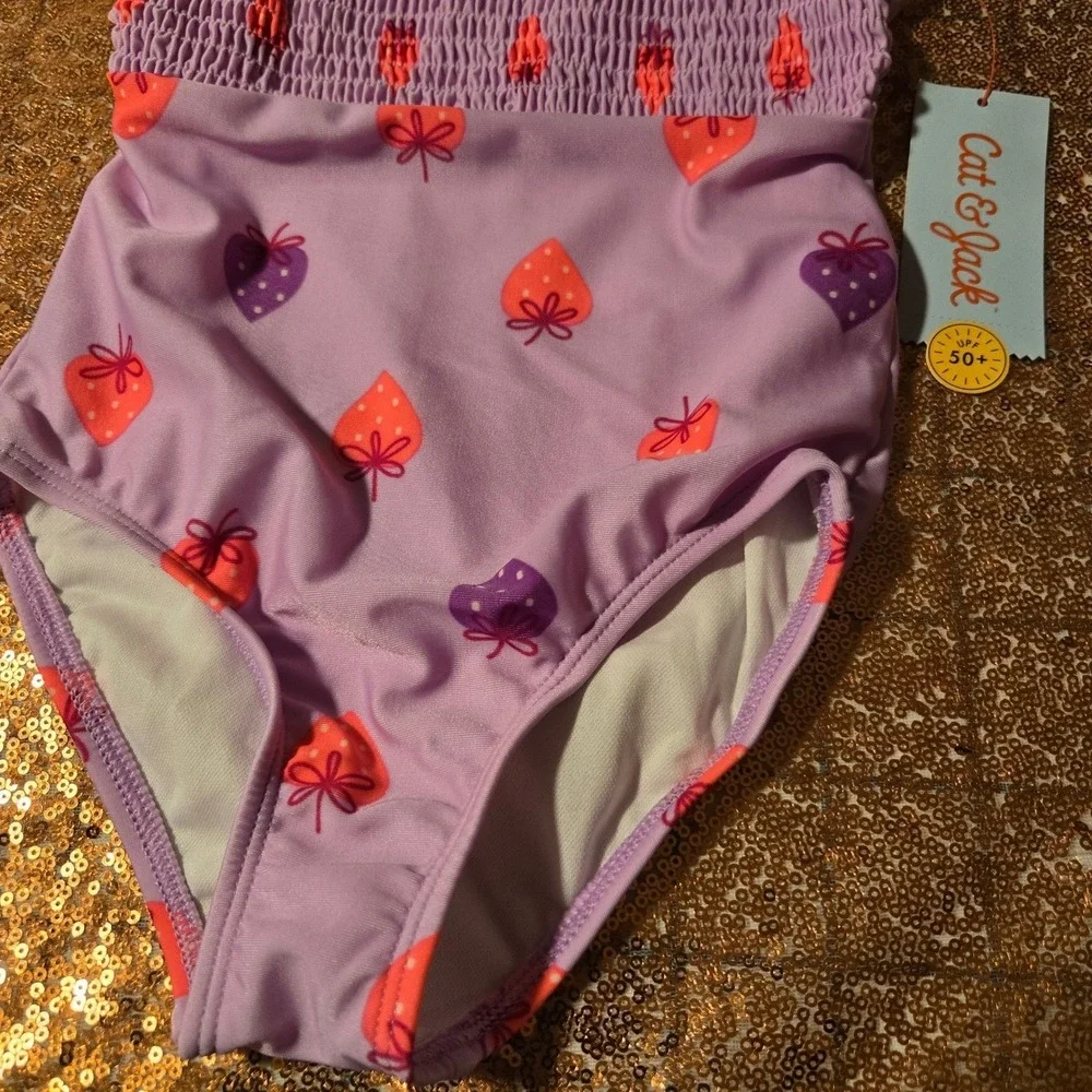 Cat & Jack Girls Purple‎ Strawberry Smocked One Piece Swimsuit UPF 50+ Size 3T